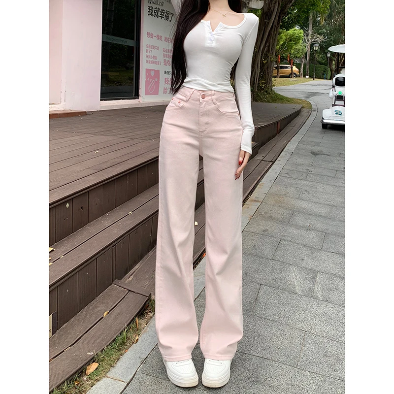粉色窄版直筒牛仔裤女2025冬季新款多巴胺高腰显瘦显腿长拖地裤