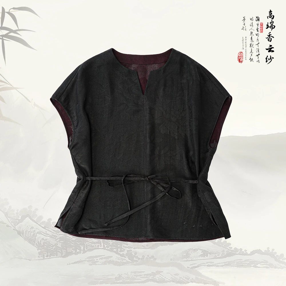 品牌新款香云纱宽松V 领中式提花短袖上衣52697