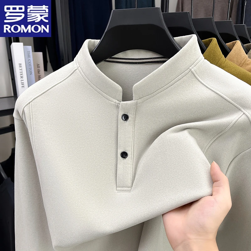 罗蒙秋冬季男士保暖立领长袖T恤纯色休闲双面绒卫衣潮流德绒打底