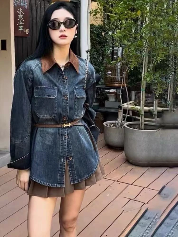 牛仔衬衫女中长款复古休闲百搭衬衣