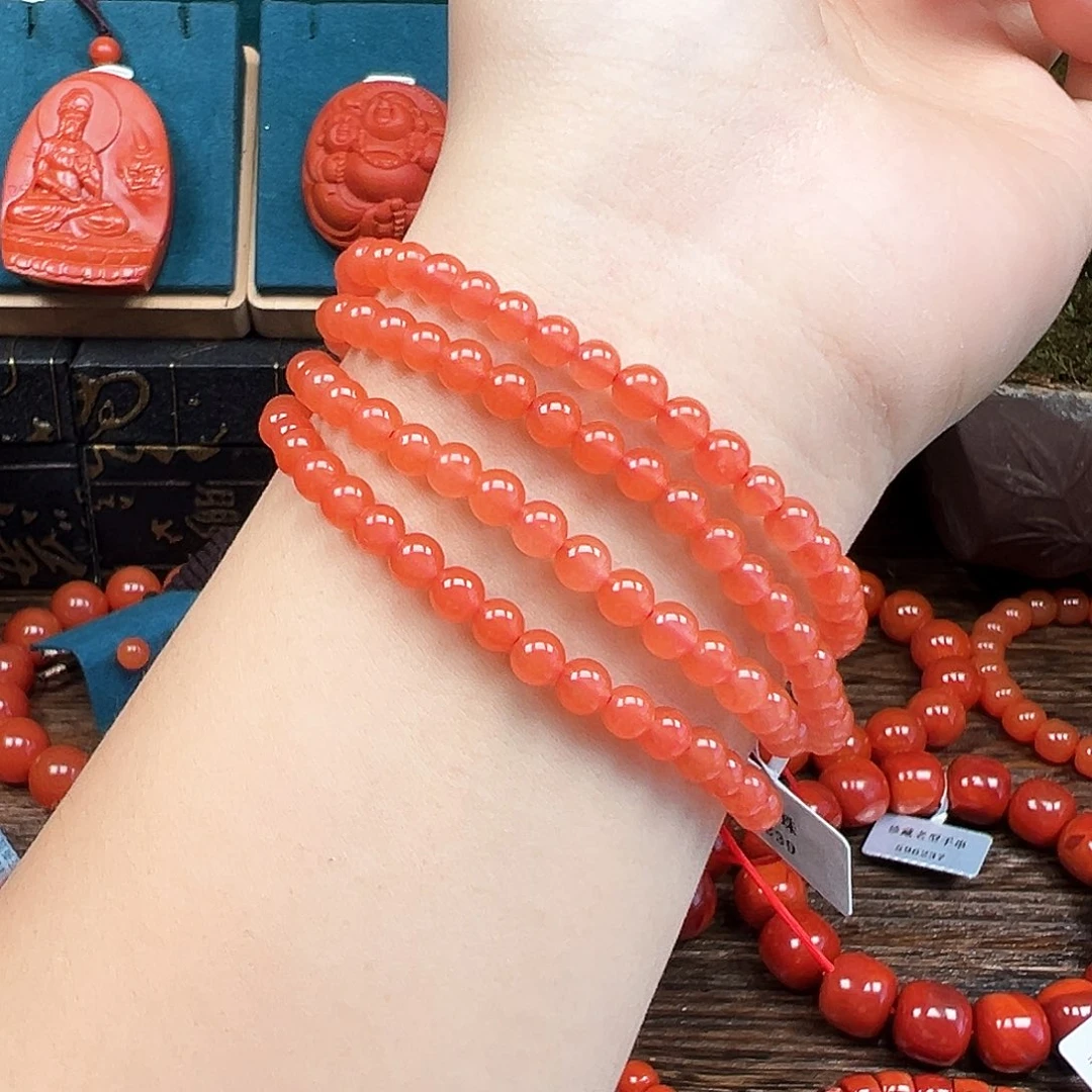南红玛瑙未镶嵌手串福利 保山河湾冰红多圈佛珠卡4mm+