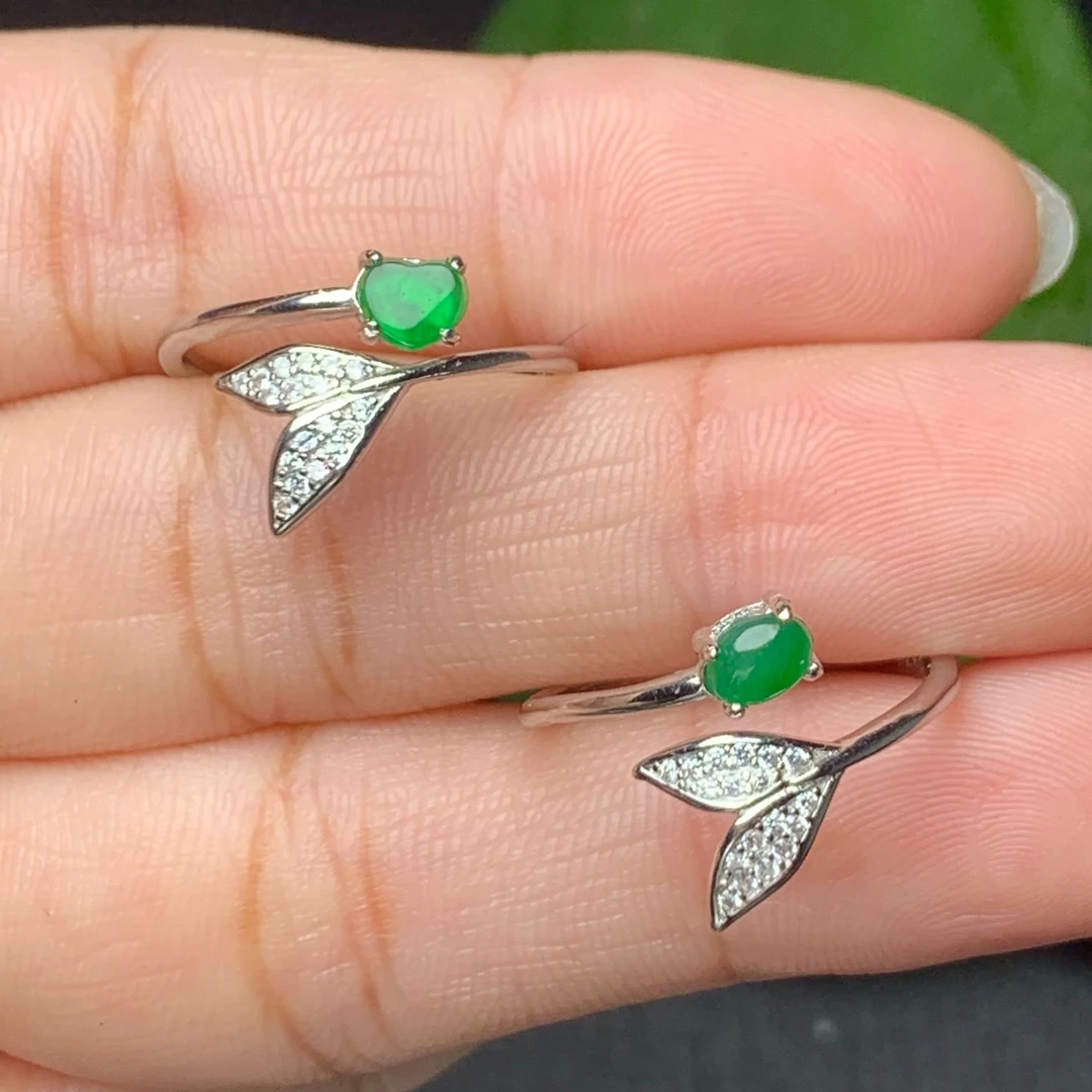 翡翠戒指天然翡翠A货冰种满色鱼尾戒指银镶翡翠戒指