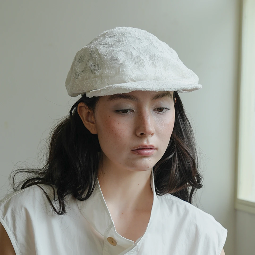 JOJOKUR进口面料白色蕾丝_不对称复古高级感风透气显脸小报童帽