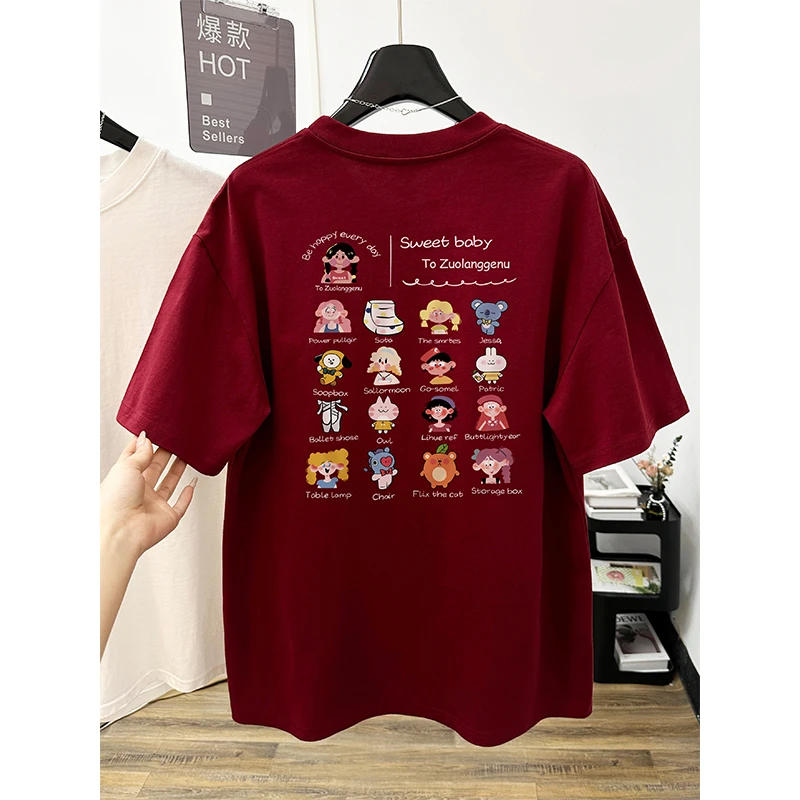 韩系卡通前后印花纯棉短袖T恤女装大码宽松休闲夏季新款百搭上衣
