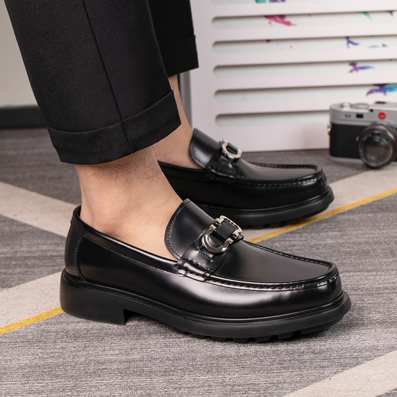 头层牛皮乐福鞋男士真皮一脚蹬商务正装男鞋厚底增高休闲皮鞋黑色