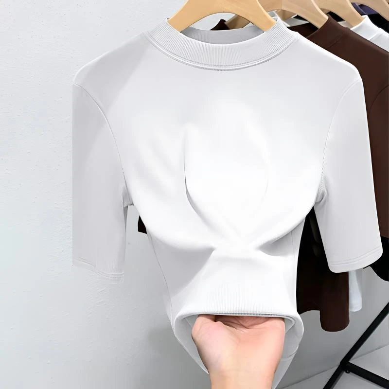 修身型常规半高领螺纹五分袖T恤春夏立领半袖纯色显瘦中袖打底衫