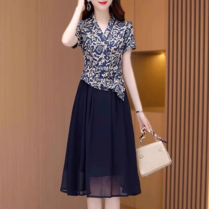 高端精致雪纺连衣裙2025新款女夏季贵夫人品牌今年流行假两件套装