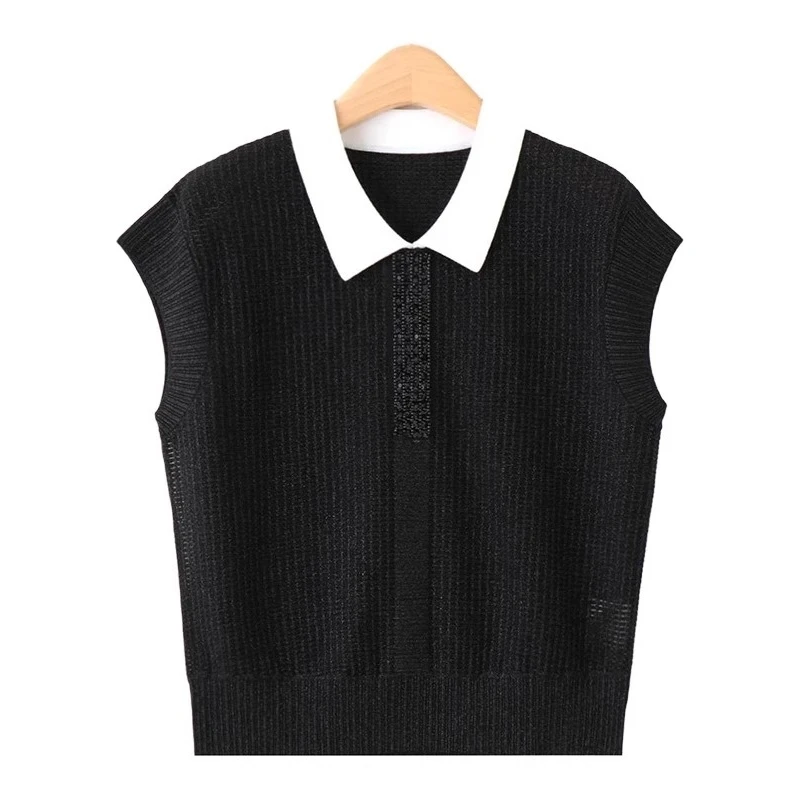 韩系小个子针织衫女2025夏季新款轻奢拼色洋气简约高级感冰丝上衣