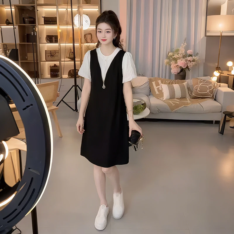 设计款蕾丝拼接假两件连衣裙2025夏季新款时尚气质洋气显瘦裙子女