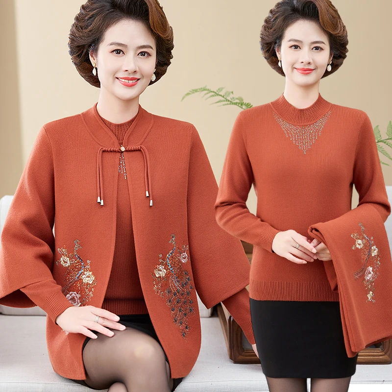 两件套妈妈装秋冬外套洋气高贵中老年女母亲衣服冬季保暖毛衣新款