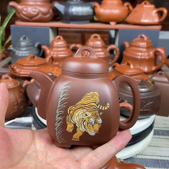 茶壶紫砂福韵八方260CC原矿老紫泥全手工彩绘