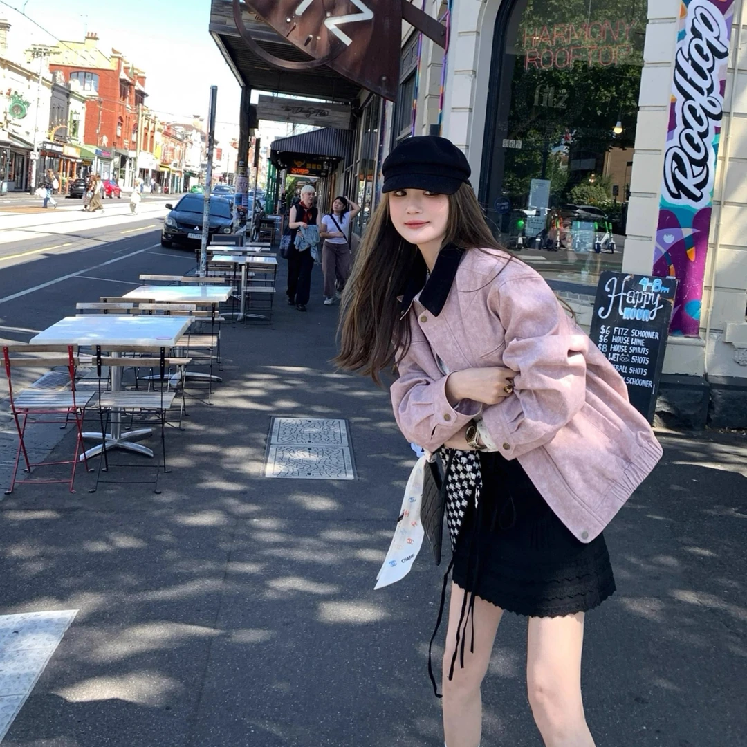 玫瑰茶渍 巴恩风两色拼接领外套女宽松廓形口袋显瘦上衣