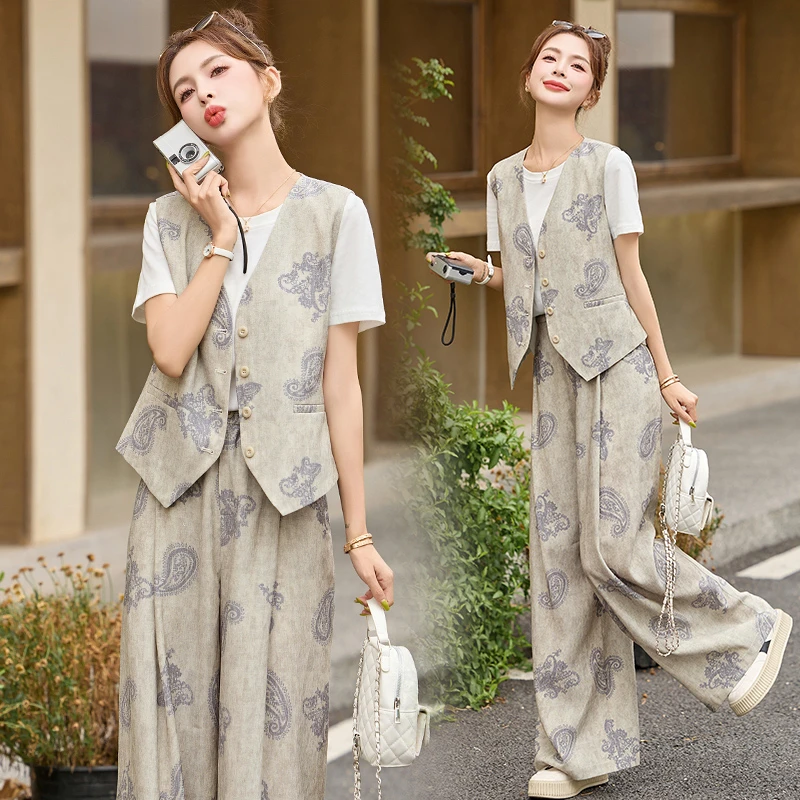 时尚印花马甲阔腿裤套装女2025夏季新款气质休闲短袖阔腿裤三件套