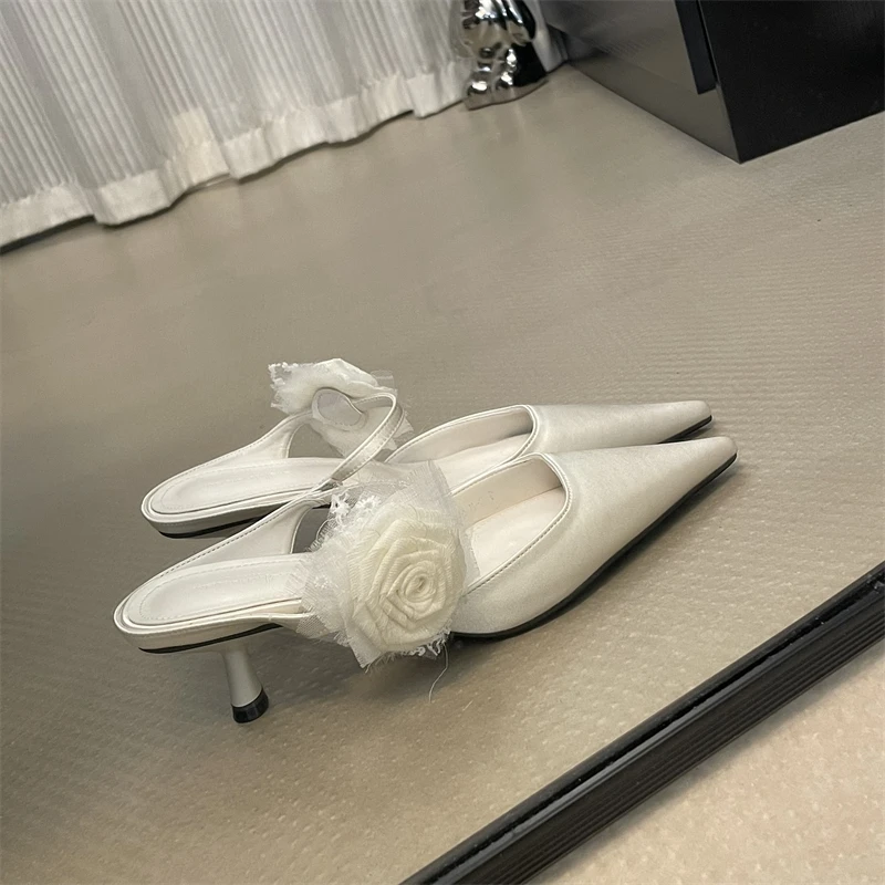 一朵玫瑰！尖头细跟半拖鞋女外穿2025夏新款气质穆勒半托包头凉拖