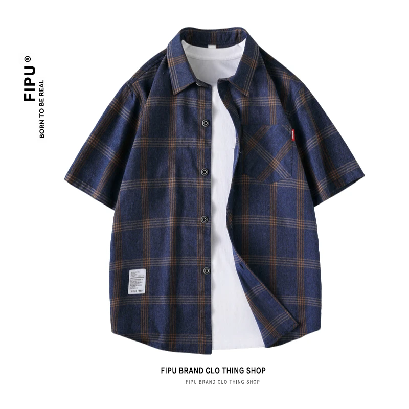 FIPU2025夏季格子衬衫男潮学生薄款短袖衬衣印花半袖宽松衬衣