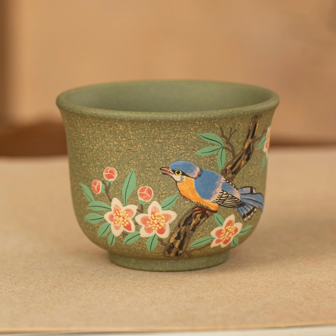 5120宜兴紫砂茶具豆青砂泥料堆绘桃花小鸟主人杯YST150ml