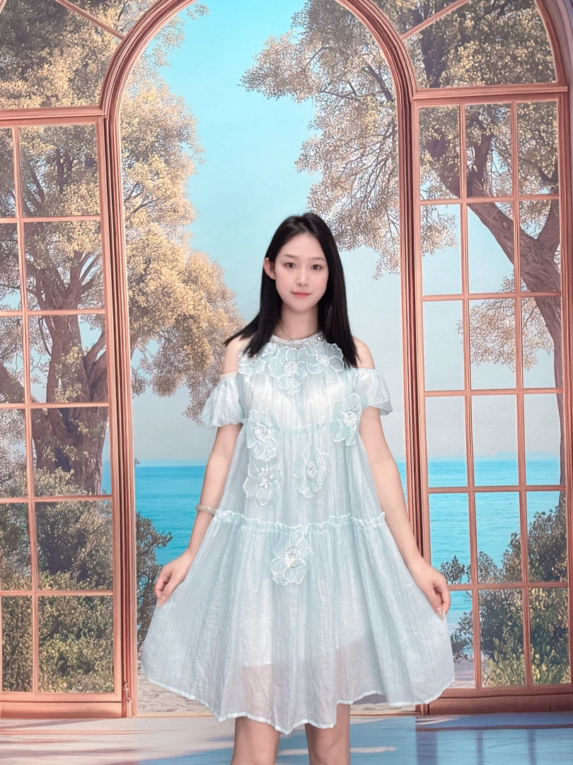 优雅气质公主法式拼接短袖欧若假日风提花圆领连衣裙4252330706
