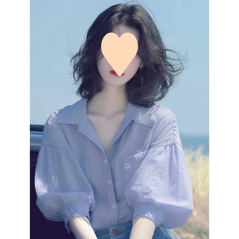 夏季韩系别致独特设计感紫色灯笼袖衬衫温柔气质绝美领上衣