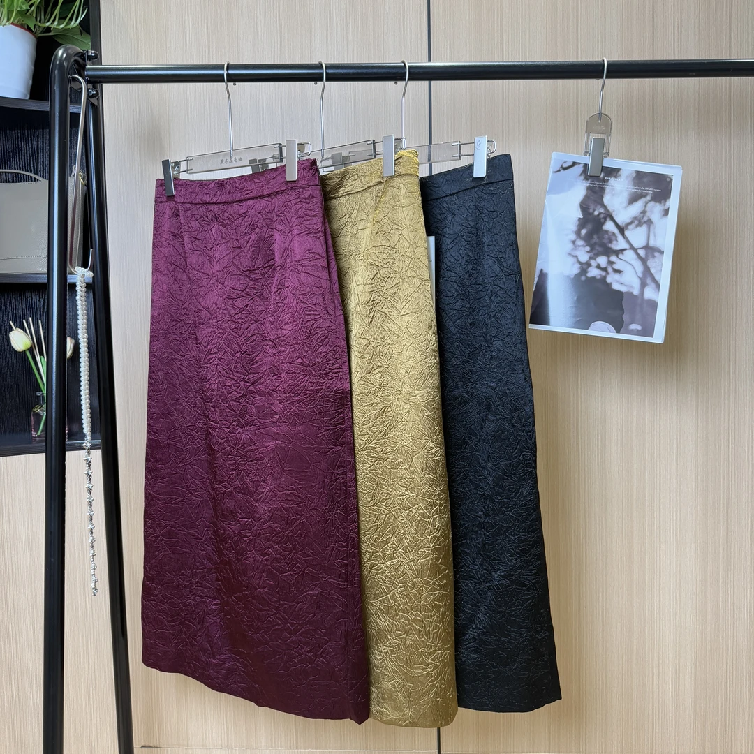 【燕子在南油】裙长85春夏醋酸压皱半身裙松紧腰百搭3517