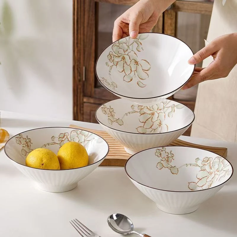 【陶园春】玉兰飘香2/4个装8英寸中式家用陶瓷釉下彩创意碗盘斗笠碗