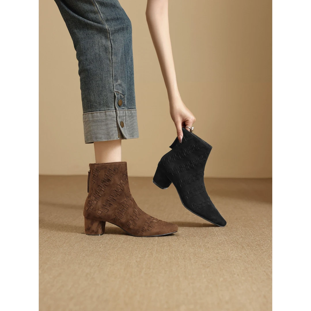 【卡其色】羊皮/4.5cm方头低跟编织后拉链百搭气质显瘦靴子5X053