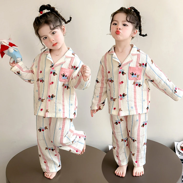 2025春秋季儿童睡衣套装A类纯棉纱布1-2-3-5岁女孩宝宝家居服薄款