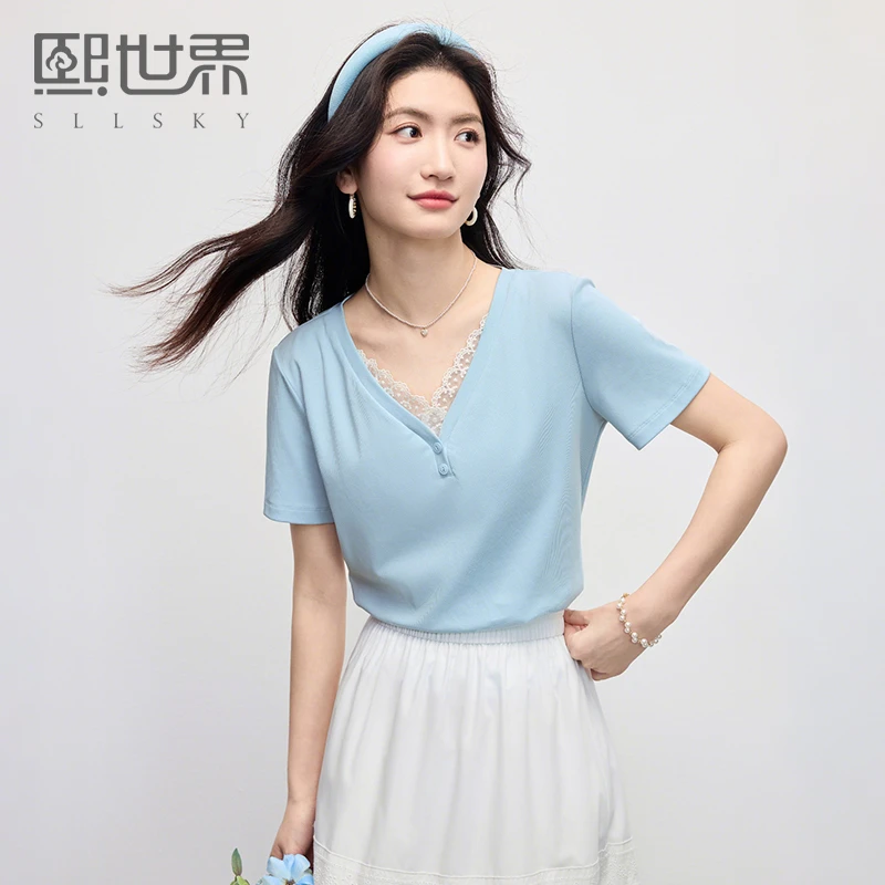 熙世界蓝色蕾丝边V领T恤女短袖夏季2025新款百搭休闲棉质正肩上衣