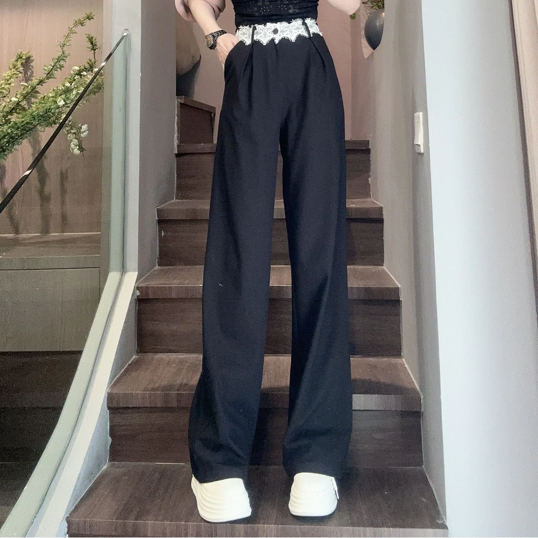 【YUANJIE】欧货拼接蕾丝花边设计直筒裤女新款洋气中高腰休闲长裤