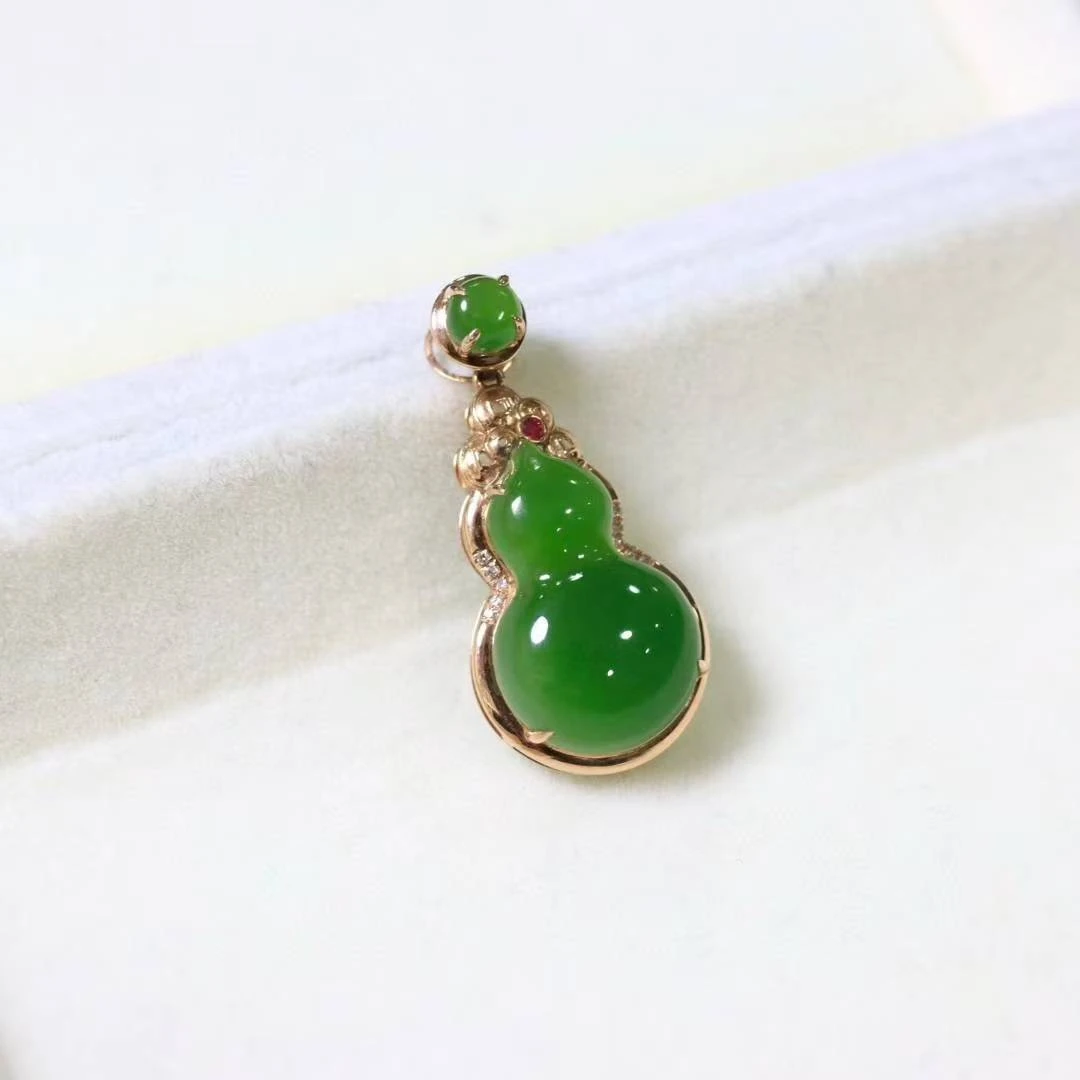 天然和田玉碧玉葫芦18K金镶嵌项链精致简约大气时尚女款赠证书