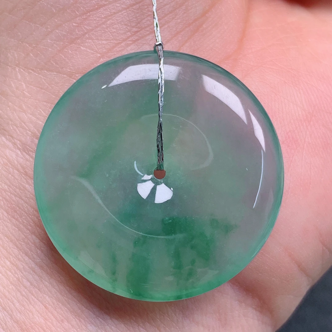 天然缅甸翡翠A货冰飘花平安扣气质精美尺寸31.8+6  370