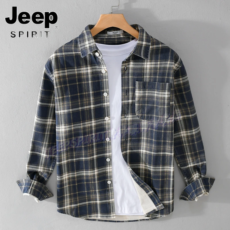 Jeep吉普潮牌格子长袖衬衫男士春秋纯棉休闲衬衣高端复古宽松外套