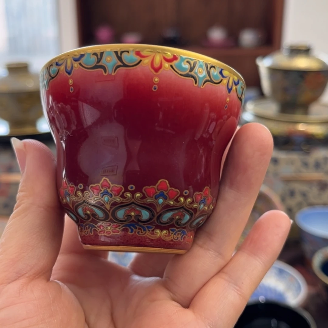 全手工全手绘朗红珐琅彩葫芦杯