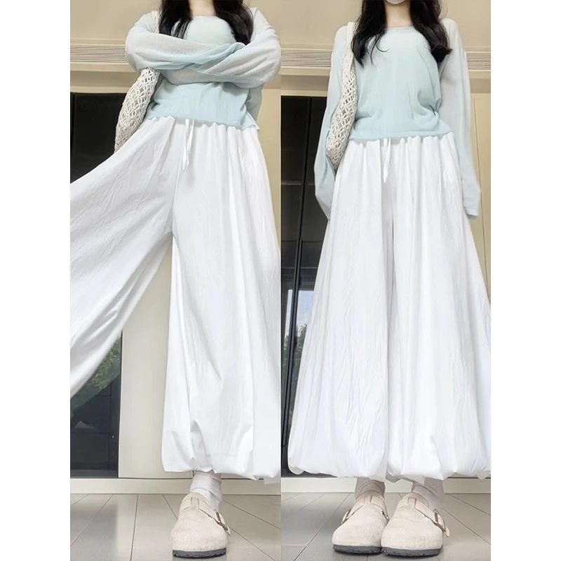 白色花苞裙裤女夏季2025新款高腰宽松垂感小个子冰丝灯笼阔腿裤子
