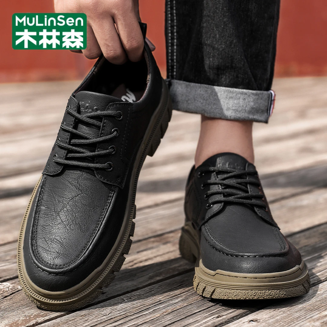 木林森工装鞋男低帮复古春夏休闲皮鞋软底软面男工装鞋防滑户外鞋