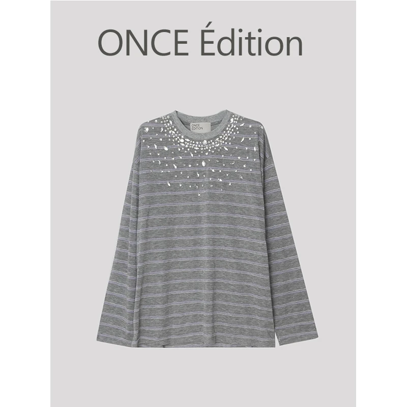 ONCE edit“Trust You" 手缝立体钻饰 莱赛尔精棉条纹长袖上衣T恤