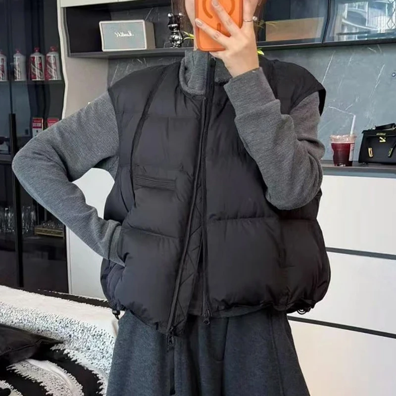 冬季新款双拉链简约时尚纯色宽松韩版圆领棉服马甲女外搭坎肩马夹