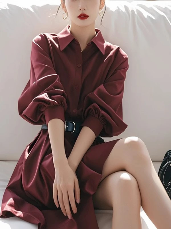 【清仓】法式优雅气质翻领灯笼袖连衣裙女轻熟风收腰显瘦高级感减