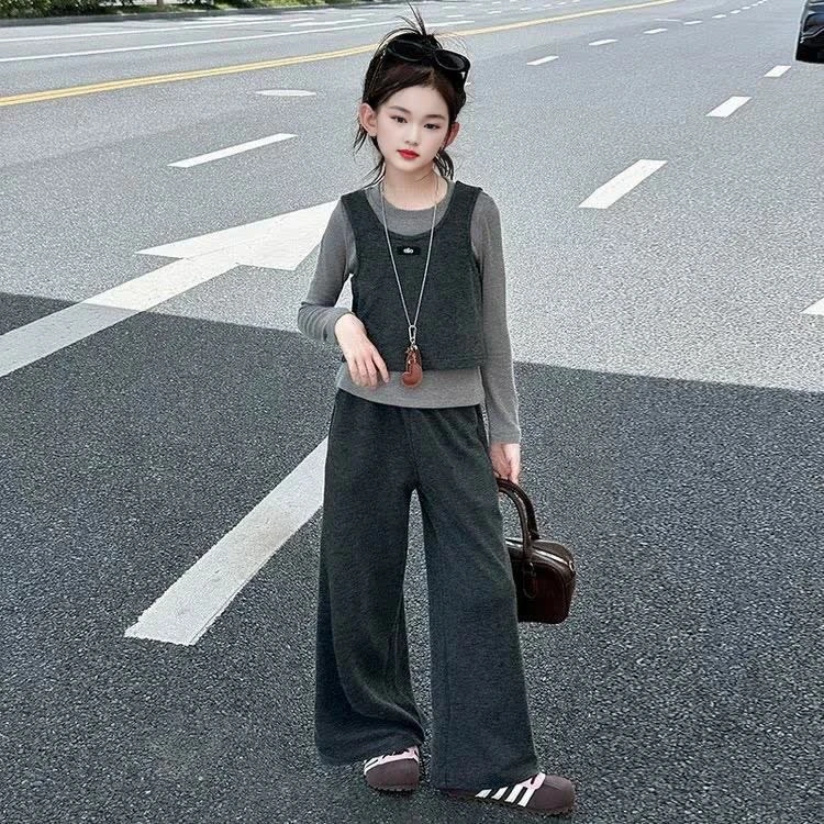 【潮流新品】女童秋款洋气运动背心长袖休闲阔腿裤三件套DH0189