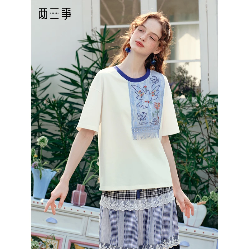 两三事 羽化飞鸟 2025夏季新款复古蕾丝拼接刺绣短袖t恤女宽松