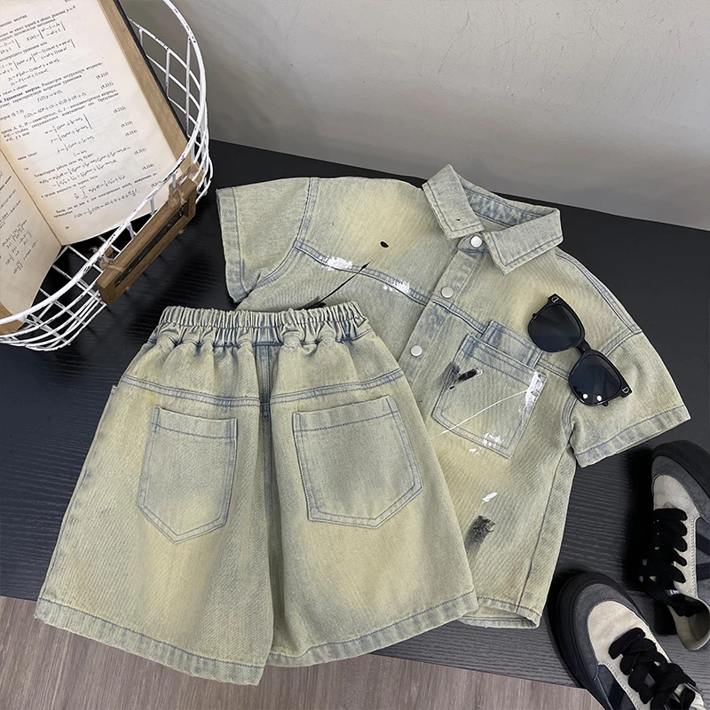 qc【派町现货】春秋装儿童韩版时尚复古浅色牛仔两件套套装ZY3012