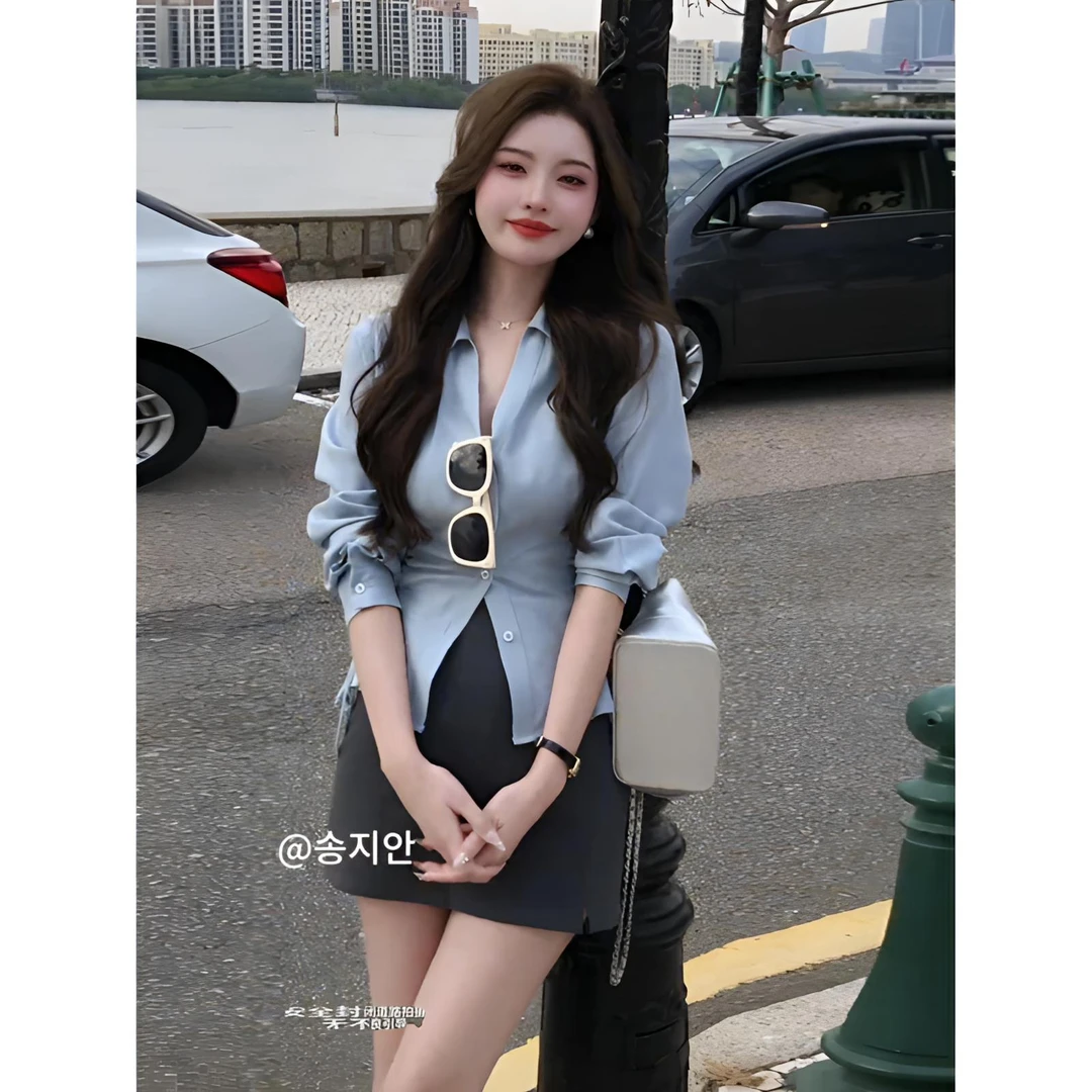 小个子开春穿搭套装女2025新款韩剧女主翻领收腰衬衫半身裙两件套