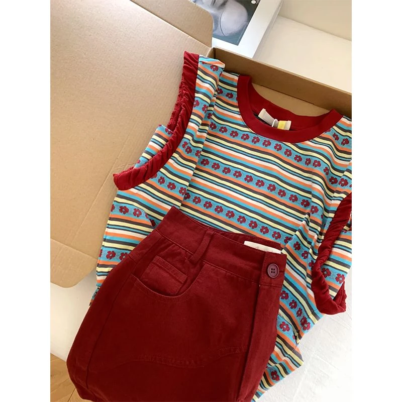 针织高腰百搭夏装搭配一整套时尚新款美式复古短袖恤显瘦套装女