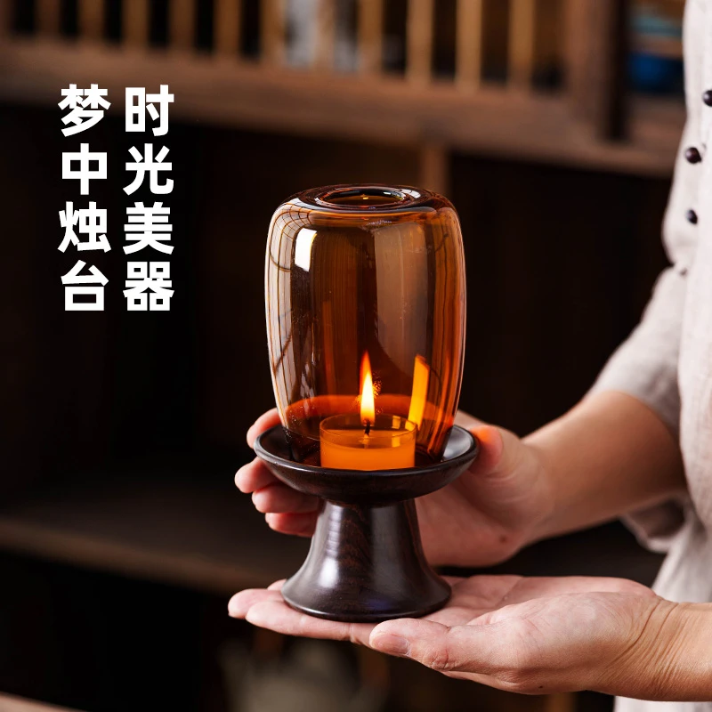 创意蜡烛台座防风玻璃灯罩中式复古风家用香薰蜡光灯茶室装饰摆件