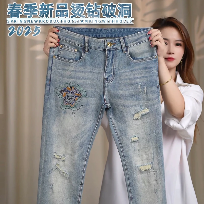 假破洞烫钻刺绣牛仔裤男士修身直筒裤子春季新款时尚欧货轻奢男装