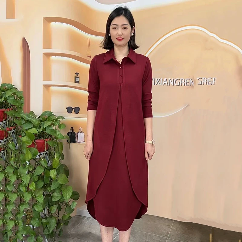 长袖春秋洋气打底中长款三粒扣连衣裙显瘦百搭女装气质时尚妈妈装