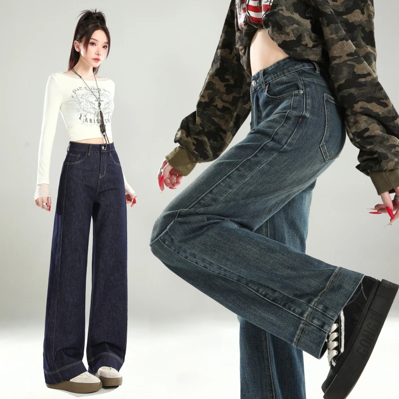 新塘复古丹宁蓝侧缝窄版直筒牛仔裤女春秋2025新款小个子弹力爆款