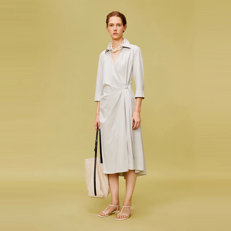 LESS棉质系带连衣裙法式气质通勤收腰显瘦长款衬衫裙子2O3G11660