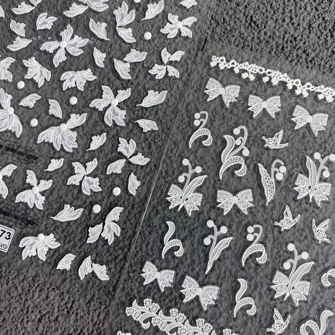 纯欲百搭白色花卉立体浮雕美甲贴纸法式链条防水背胶指甲装饰贴