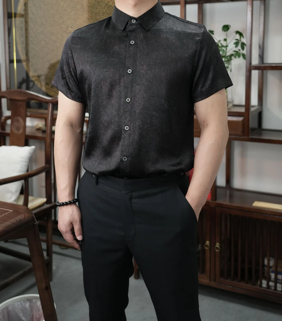【古法制作 非遗香云纱】男士夏季薄款天然温和短袖衬衫抗皱高端-D