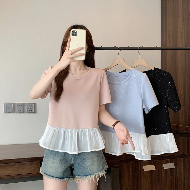 Q夏装新款胖mm大码女重工烫钻亮闪闪拼接荷叶边短袖T恤A1466
